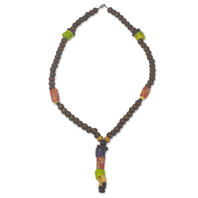 Recycled Glass Bead and Sese Wood Pendant Necklace