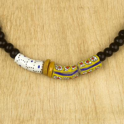 Wood and recycled glass beaded necklace, 'True Grace' - Sese Wood and Recycled Glass Beaded Necklace