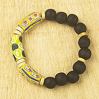 Wood and recycled glass beaded stretch bracelet, 'Peaceful Memory' - Handcrafted Beaded Stretch Bracelet from Ghana