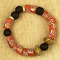 Wood and recycled glass beaded stretch bracelet, 'Red Light' - Eco-Friendly Floral-Motif Stretch Bracelet