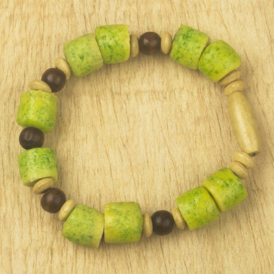 Wood and recycled glass beaded bracelet, 'Sweet Lady' - Green Beaded Stretch Bracelet from Ghana