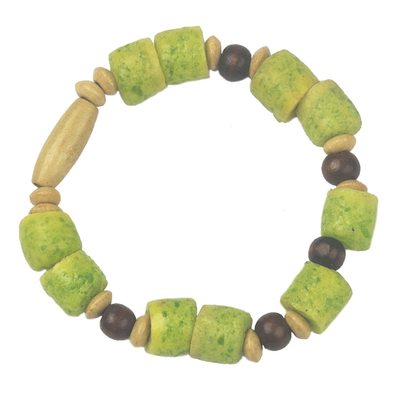 Wood and recycled glass beaded bracelet, 'Sweet Lady' - Green Beaded Stretch Bracelet from Ghana