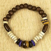 Tiger's eye beaded stretch bracelet, 'Young Hearts' - Recycled Glass Bead and Sese Wood Stretch Bracelet