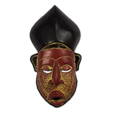 African wood mask, 'Bishop's Hat' - Sese Wood and aluminium Plated Mask from Ghana