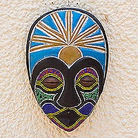 African wood mask, 'Queen Colors' - Sese Wood and Recycled Glass Beaded Mask