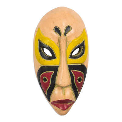 African wood mask, 'Butterfly colour' - Red and Yellow Sese Wood Mask from Ghana