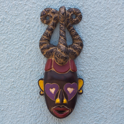 African wood mask, 'Eyes of Love' - Handmade Heart-Motif Sese Wood Mask