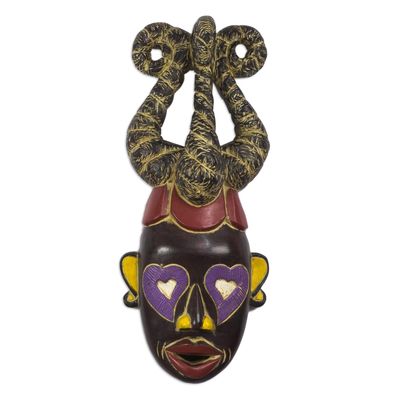 African wood mask, 'Eyes of Love' - Handmade Heart-Motif Sese Wood Mask