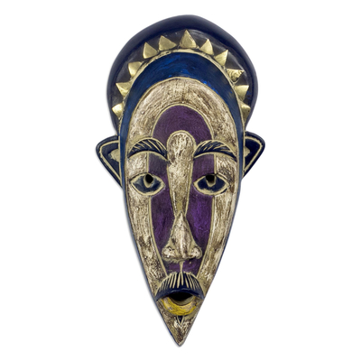 African wood mask, 'Loving Lips' - Handmade Sese Wood and Brass Plated Mask