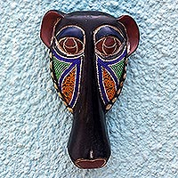 African wood mask, 'African Dog' - Eco-Friendly Sese Wood Beaded Dog Mask