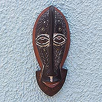 African wood mask, 'Monkey Face' - Aluminum-Plated Sese Wood Monkey Mask