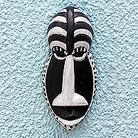 African wood mask, 'Boldness' - Black and White Striped Sese Wood Mask