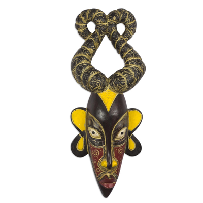 African wood mask, 'African Lady' - Horned Sese Wood and Aluminum Plated Mask