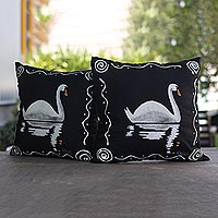 Cotton cushion covers, 'Swan Song in Black' (pair) - Black Cotton Swan-Motif Cushion Covers (Pair)