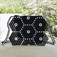 Beaded shoulder bag, 'Dark Hexagon' - Eco-Friendly Beaded Shoulder Bag