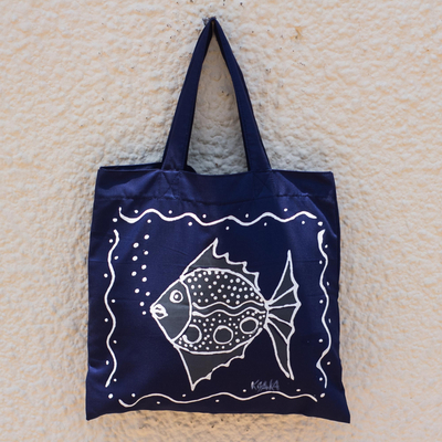 Cotton tote bag, 'Blowing Bubbles in Blue' - Dark Blue Cotton Fish-Motif Tote Bag
