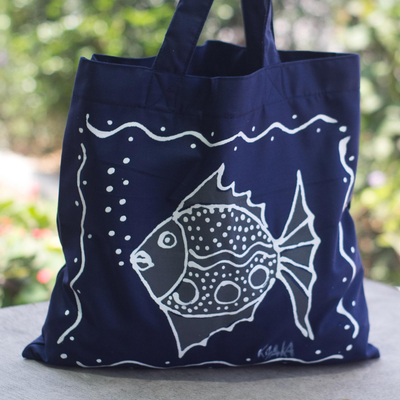 Cotton tote bag, 'Blowing Bubbles in Blue' - Dark Blue Cotton Fish-Motif Tote Bag