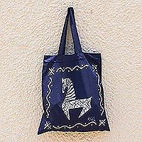 Cotton tote bag, 'Dancing Zebra in Blue' - Blue Cotton Zebra-Motif Tote Bag