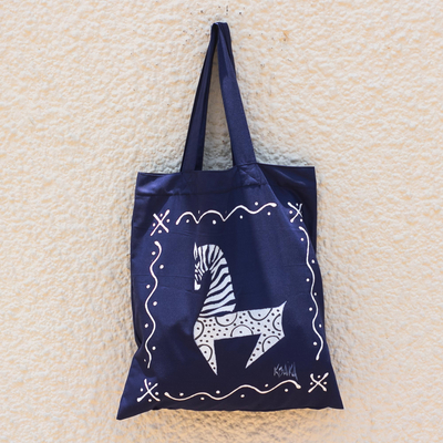 Cotton tote bag, 'Dancing Zebra in Blue' - Blue Cotton Zebra-Motif Tote Bag