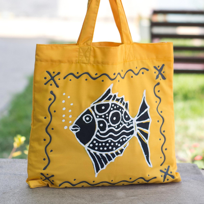 Cotton tote bag, 'Blowing Bubbles in Yellow' - Yellow Cotton Fish-Motif Tote Bag