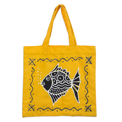 Baumwoll-Einkaufstasche - Gelbe Einkaufstasche aus Baumwolle mit Fischmotiv