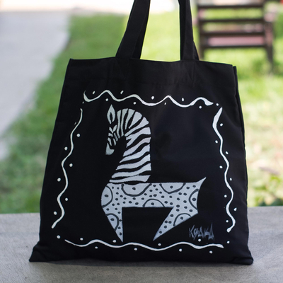 Bolso tote de algodón, 'Dancing Zebra in Black' - Bolso tote con motivo de cebra de algodón negro