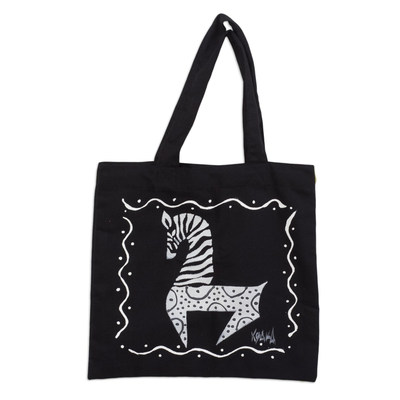 Black Cotton Zebra-Motif Tote Bag
