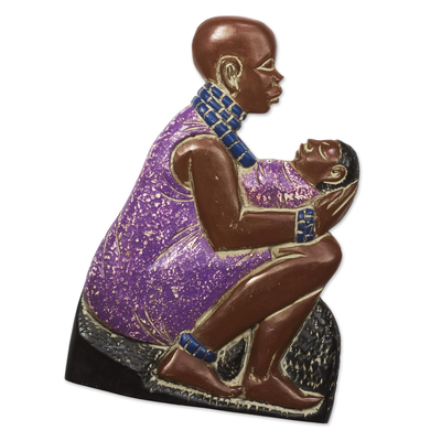 Reliefplatte aus Holz - Relieftafel „Mutter und Kind“ aus Sese-Holz