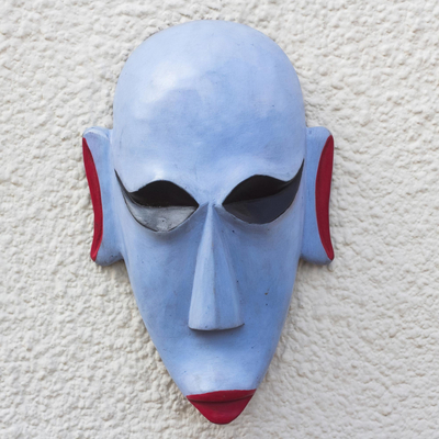 Máscara de madera africana - Madera de sésé africana azul y roja Mascarilla
