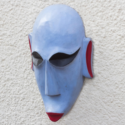 Afrikanische Holzmaske - Blaue und rote afrikanische Sese-Holzmaske