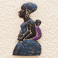 Wood relief panel, 'Sister Sweetie' - Handcrafted Sese Wood Relief Panel