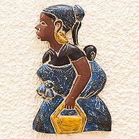 Wood relief panel, 'Mother Afrique' - Artisan Crafted Sese Wood Relief Panel