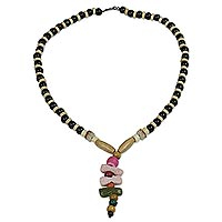Eco-friendly agate y-necklace, 'Be Mine Tonight' - Eco-Friendly Agate and Wood Beaded Necklace