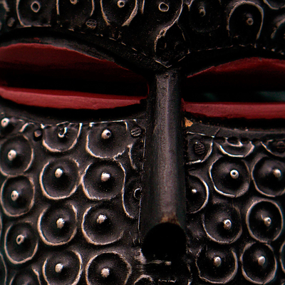 African wood mask, 'Royal Warrior' - Sese Wood and Aluminum Plated Mask from Ghana
