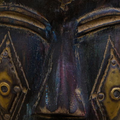 African wood mask, 'Dan Mask' - Brass-Plated African Sese Wood Mask