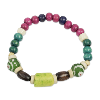 Wood and Recycled Glass Beaded Bracelet
