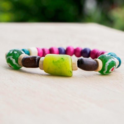 Eco-friendly beaded bracelet, 'Village Beauty' - Wood and Recycled Glass Beaded Bracelet