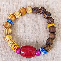 Eco-friendly beaded stretch bracelet, 'Remember the Good Times' - Beaded Sese Wood Stretch Bracelet from Ghana