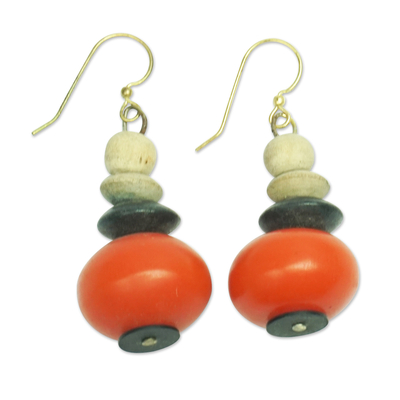 Eco-friendly wood beaded dangle earrings, 'Juicy Orange' - Eco-Friendly Sese Wood Beaded Dangle Earrings