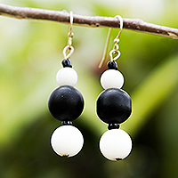 Eco-friendly glass beaded dangle earrings, 'Mild Morning' - Black and White Eco-Friendly Beaded Dangle Earrings