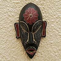 African wood mask, 'African Flower' - Sese Wood and Brass Plated Mask from Ghana