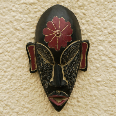 African wood mask, 'African Flower' - Sese Wood and Brass Plated Mask from Ghana