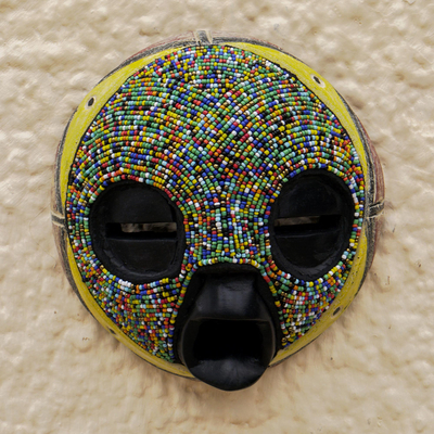 Máscara de madera africana - Máscara ecológica de madera de sésé con cuentas