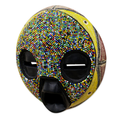 African wood mask, 'Fertility' - Eco-Friendly Beaded Sese Wood Mask