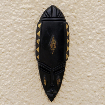 African wood mask, 'Ada Purity' - Black Sese Wood Mask with Brass Plating