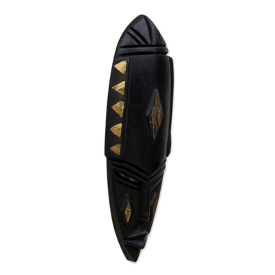 Máscara de madera africana, 'Ada Purity' - Máscara de madera Sese negra con revestimiento de latón