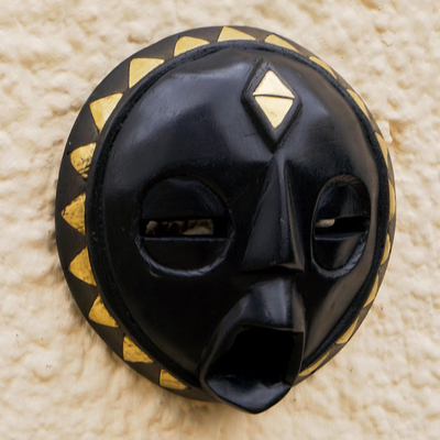 African wood mask, 'Ga Wisdom' - Handmade Sese Wood and Brass-Plated Mask