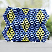 Eco-friendly beaded clutch, 'Swimming Diamonds' - Blue and Yellow Beaded Clutch from Ghana