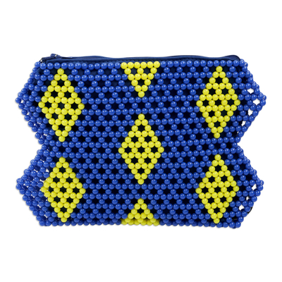 Blue and Yellow Beaded Clutch from Ghana