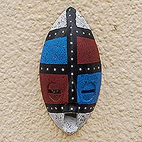 African wood mask, 'Ewe Shield' - Blue and Red Sese Wood Wall Mask from Ghana